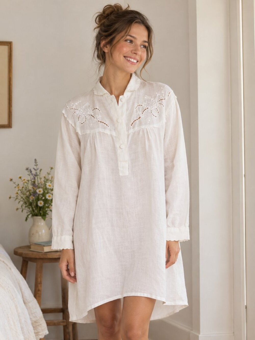 Vintage Sz 3X Italian White Linen Nightshirt Openwork Embroidered Lace